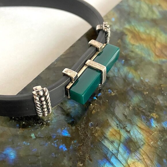 Sterling Silver 925 Rectangular Green Acrylic Black Banded Bracelet 7.5" - Picture 11 of 16